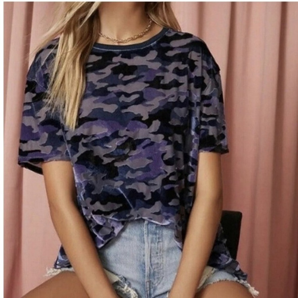 Free People We The Free Teddy Tee Velvet Burnout Camo Marine Combo XL